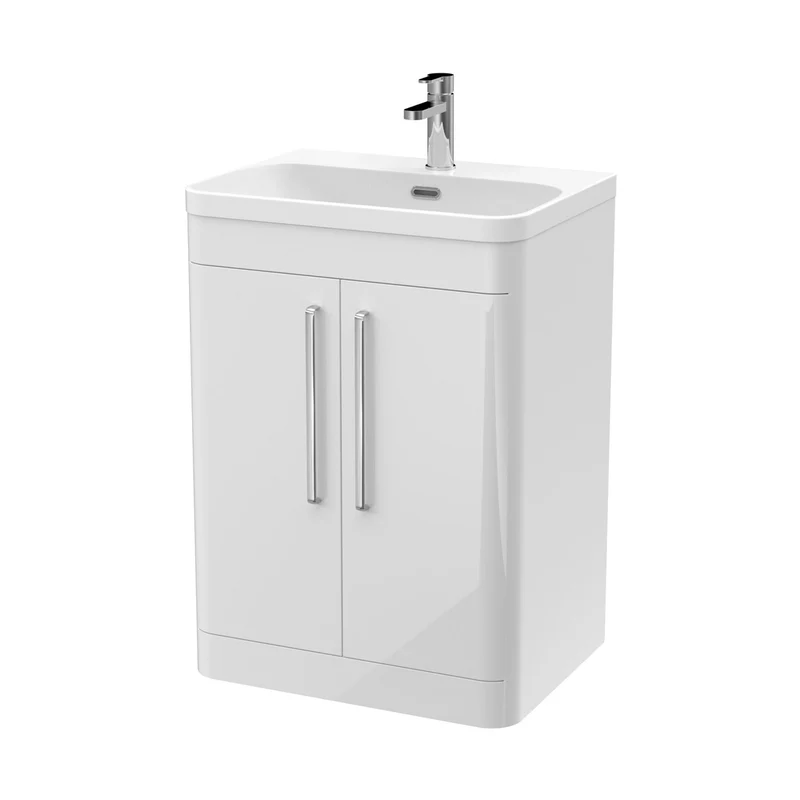 Nuie Parade 600mm Floor Standing 2 Door Vanity & Thin Edge Ceramic Basin Contemporary Gloss White Ceramic,MFC Smooth Matt