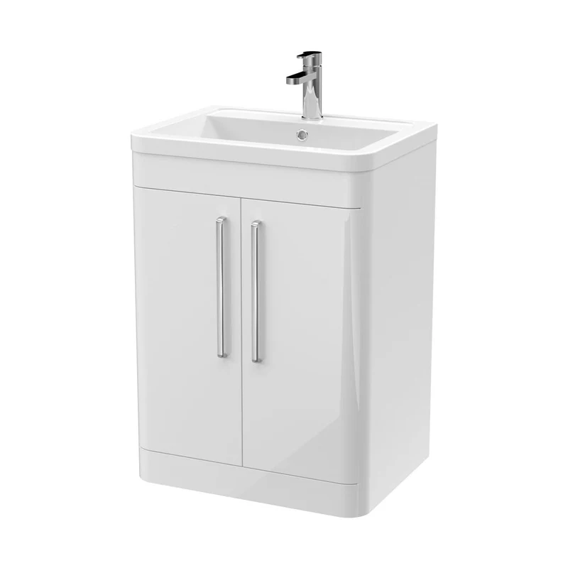 Nuie Parade 600mm Floor Standing 2 Door Vanity & Ceramic Basin Contemporary Gloss White Ceramic,MFC Smooth Matt 840x610x450mm