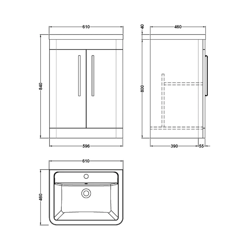 Nuie Parade 600mm Floor Standing 2 Door Vanity & Ceramic Basin Contemporary Gloss White Ceramic,MFC Smooth Matt 840x610x450mm