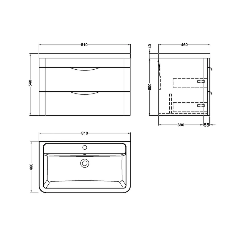 Nuie Parade 800mm Wall Hung Vanity & Ceramic Basin Contemporary Gloss White Ceramic,MFC Smooth Matt 540x810x450mm