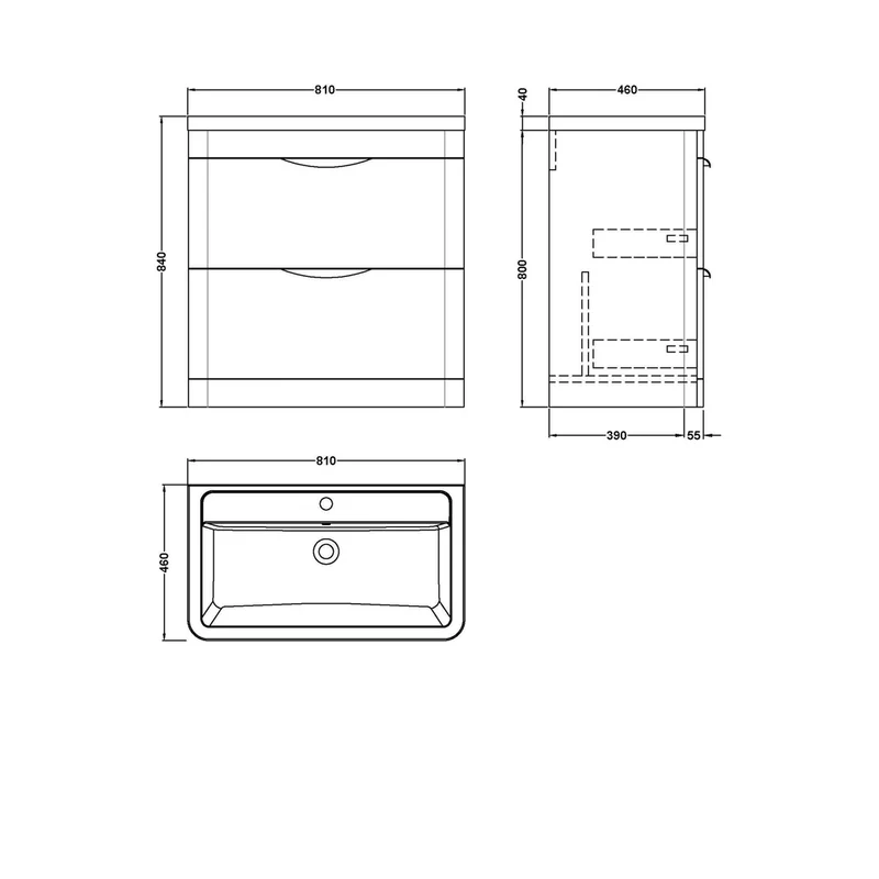 Nuie Parade 800mm Floor Standing Vanity & Ceramic Basin Contemporary Gloss White Ceramic,MFC Smooth Matt 840x810x450mm