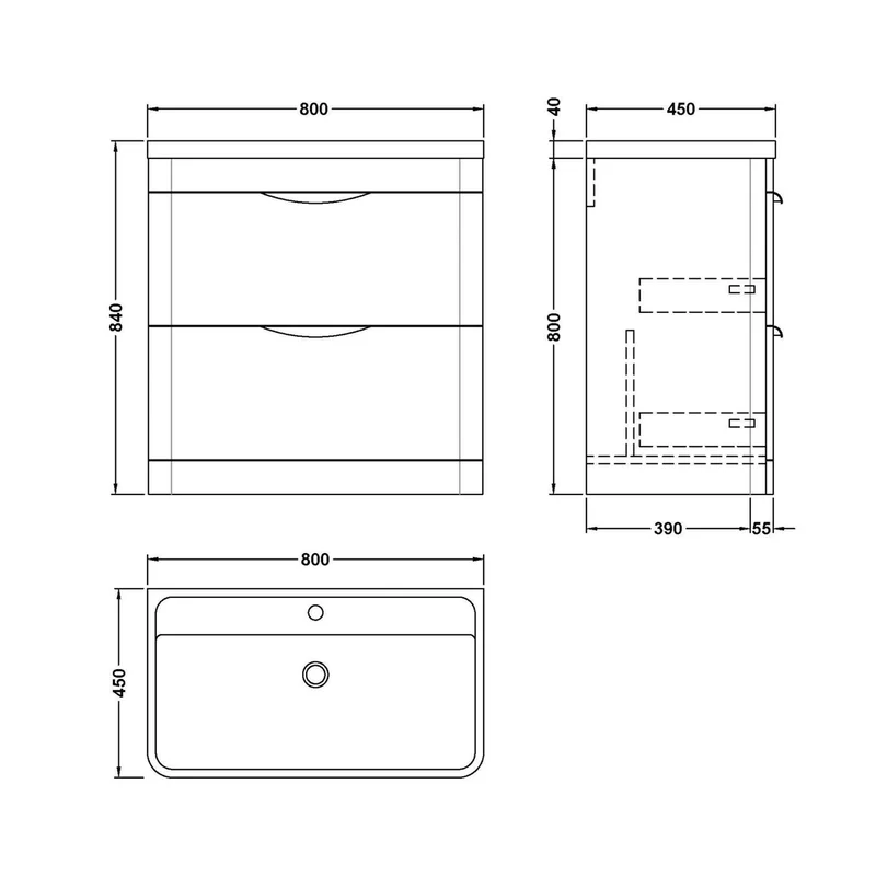Nuie Parade 800mm Floor Standing Vanity & Polymarble Basin Contemporary Gloss White MFC Smooth Matt,polymarble 840x800x450mm