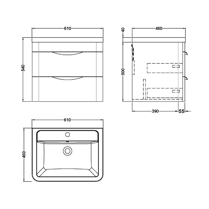 Nuie Parade 600mm Wall Hung Vanity & Ceramic Basin Contemporary Gloss White Ceramic,MFC Smooth Matt 540x610x450mm