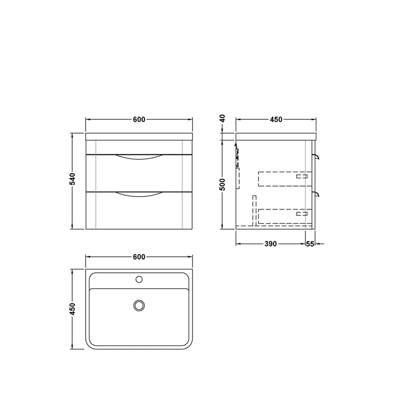 Nuie Parade 600mm Wall Hung Vanity & Polymarble Basin Contemporary Gloss White MFC Smooth Matt,polymarble 540x600x450mm