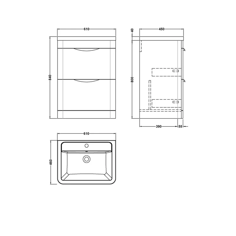 Nuie Parade 600mm Floor Standing Vanity & Ceramic Basin Contemporary Gloss White Ceramic,MFC Smooth Matt 840x610x450mm