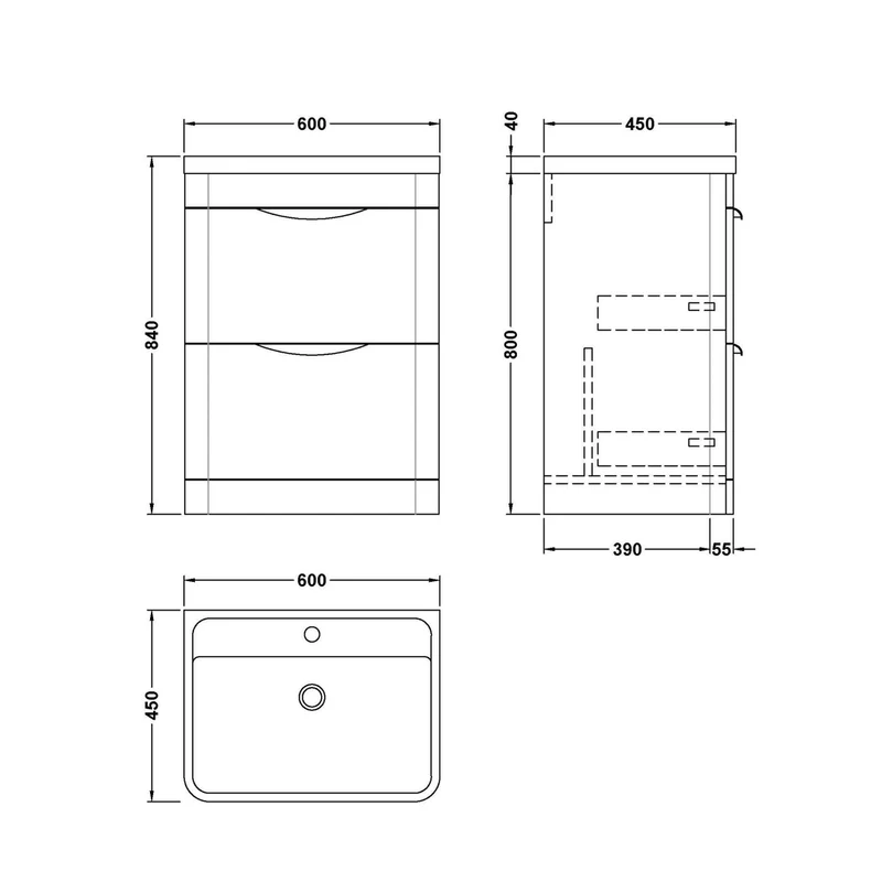 Nuie Parade 600mm Floor Standing Vanity & Polymarble Basin Contemporary Gloss White MFC Smooth Matt,polymarble 840x600x450mm