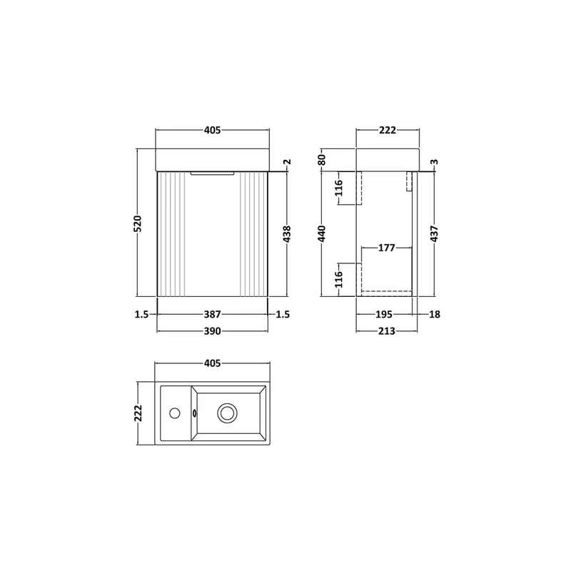 Nuie Deco Compact 400mm Wall Hung Cabinet & Basin Contemporary Soft Black MFC Painted Matt 438x400x222mm