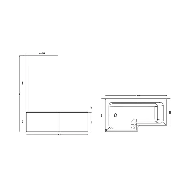 Nuie Shower Baths 1600mm Left Hand Square Shower Bath Set Contemporary White Acrylic