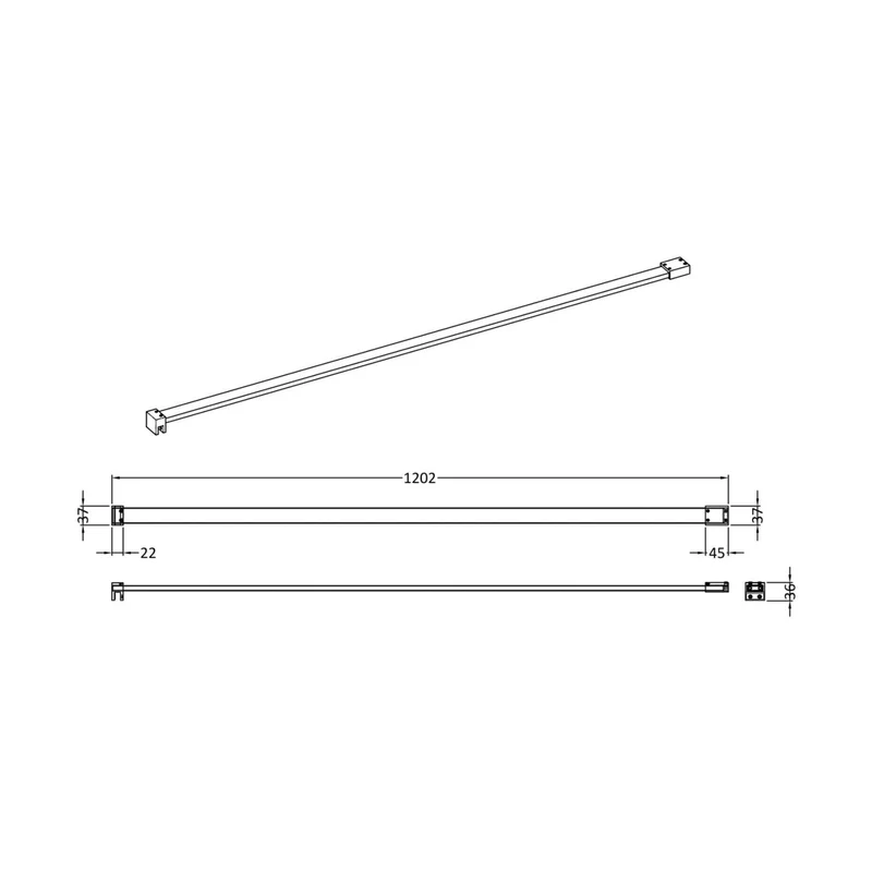 Nuie Wetroom Screen Support Bar Contemporary Brushed Pewter Stainless Steel 36x37x1202mm