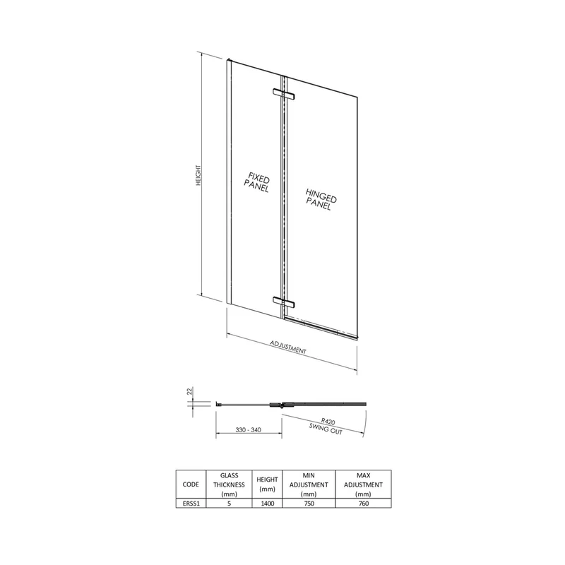 Nuie Square Hinged Bath Screen Contemporary Chrome Aluminium 1400x750x38mm
