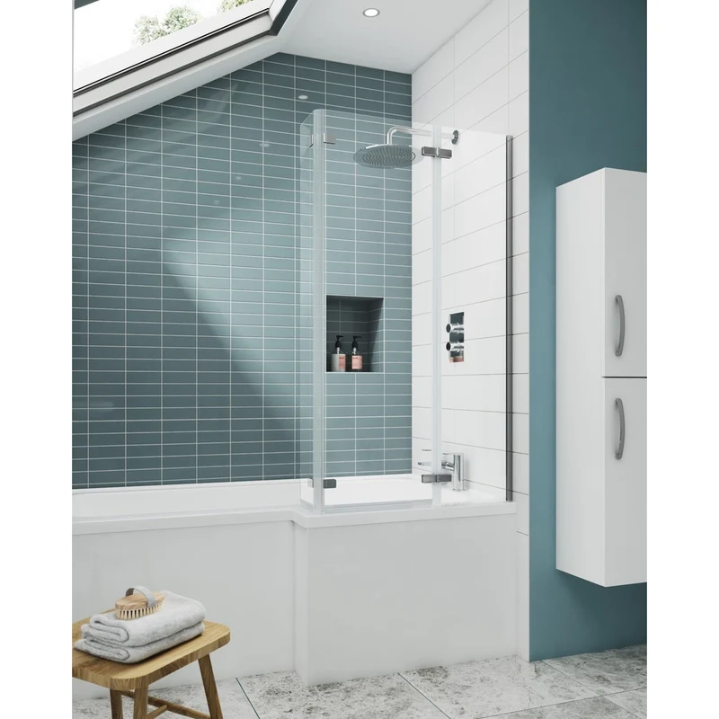 Nuie L-shaped Hinged Bath Screen Contemporary Chrome Aluminium 1400x760x38mm