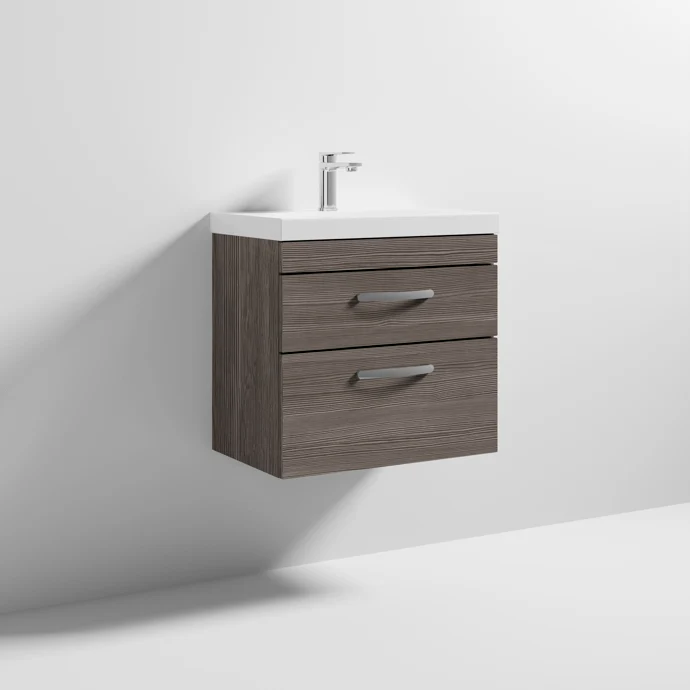 Cape 600mm Wall Hung 2 Drawer Vanity Unit & Thin Edge Basin - Anthracite Woodgrain