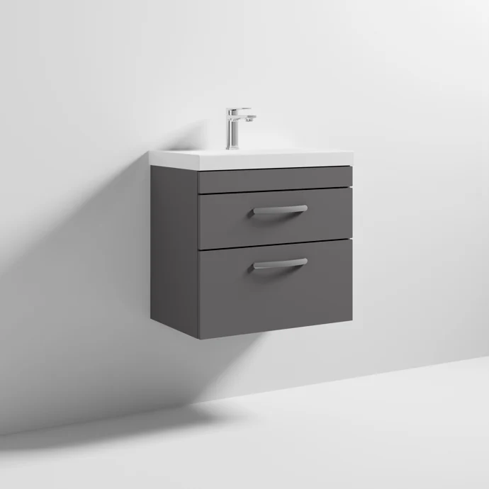 Cape 600mm Wall Hung 2 Drawer Vanity Unit & Thin Edge Basin - Gloss Grey