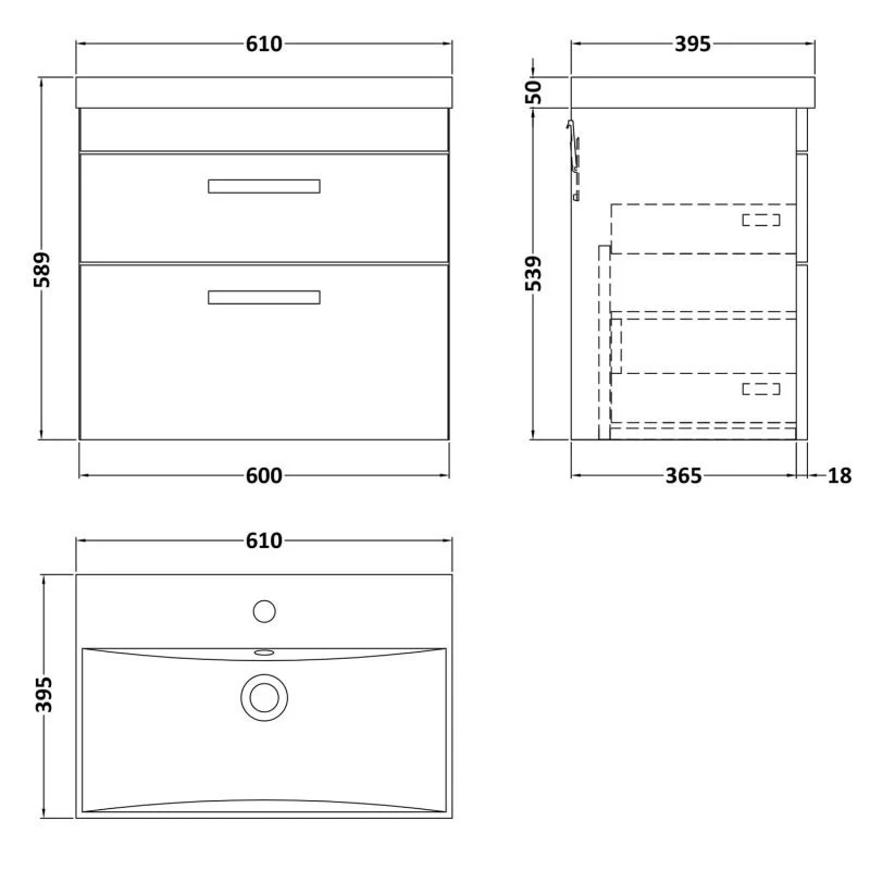 Cape 600mm Wall Hung 2 Drawer Vanity Unit & Thin Edge Basin - Gloss Grey