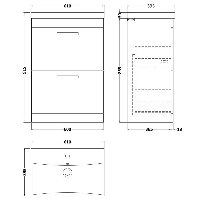 Cape 600mm Floor Standing 2 Drawer Vanity Unit & Thin Edge Basin - Charcoal Black