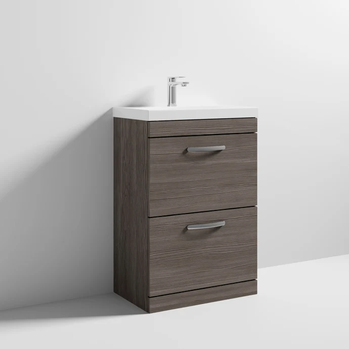 Cape 600mm Floor Standing 2 Drawer Vanity Unit & Thin Edge Basin - Anthracite Woodgrain
