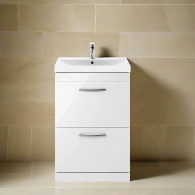 Cape 600mm Floor Standing 2 Drawer Vanity Unit & Thin Edge Basin - Gloss White