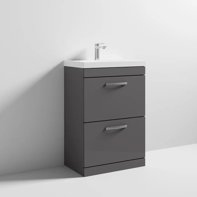Cape 600mm Floor Standing 2 Drawer Vanity Unit & Thin Edge Basin - Gloss Grey