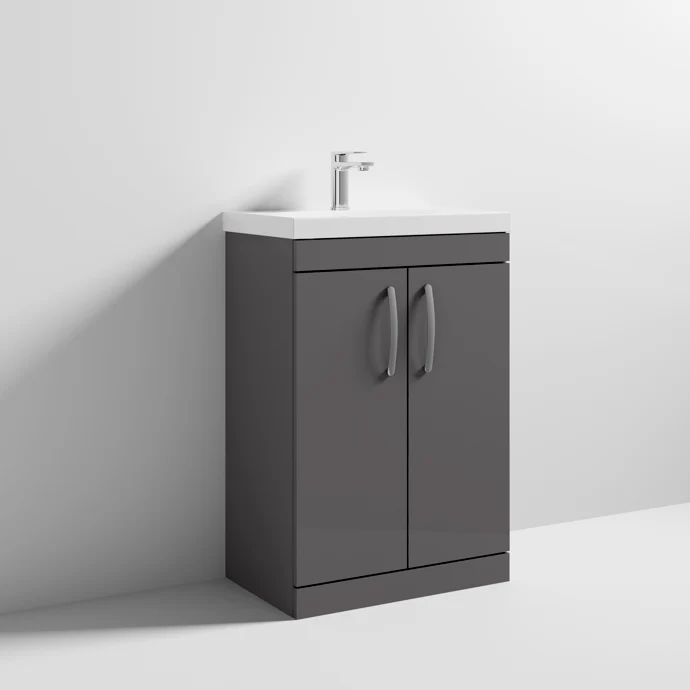 Cape 600mm Floor Standing 2 Door Vanity Unit & Thin Edge Basin - Gloss Grey