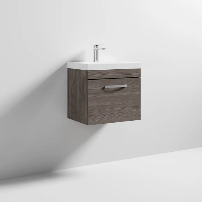 Cape 500mm Wall Hung Single Drawer Vanity Unit & Thin Edge Basin - Anthracite Woodgrain