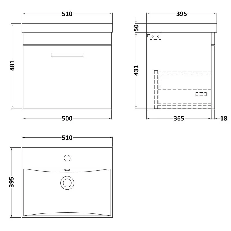 Cape 500mm Wall Hung Single Drawer Vanity Unit & Thin Edge Basin - Gloss White