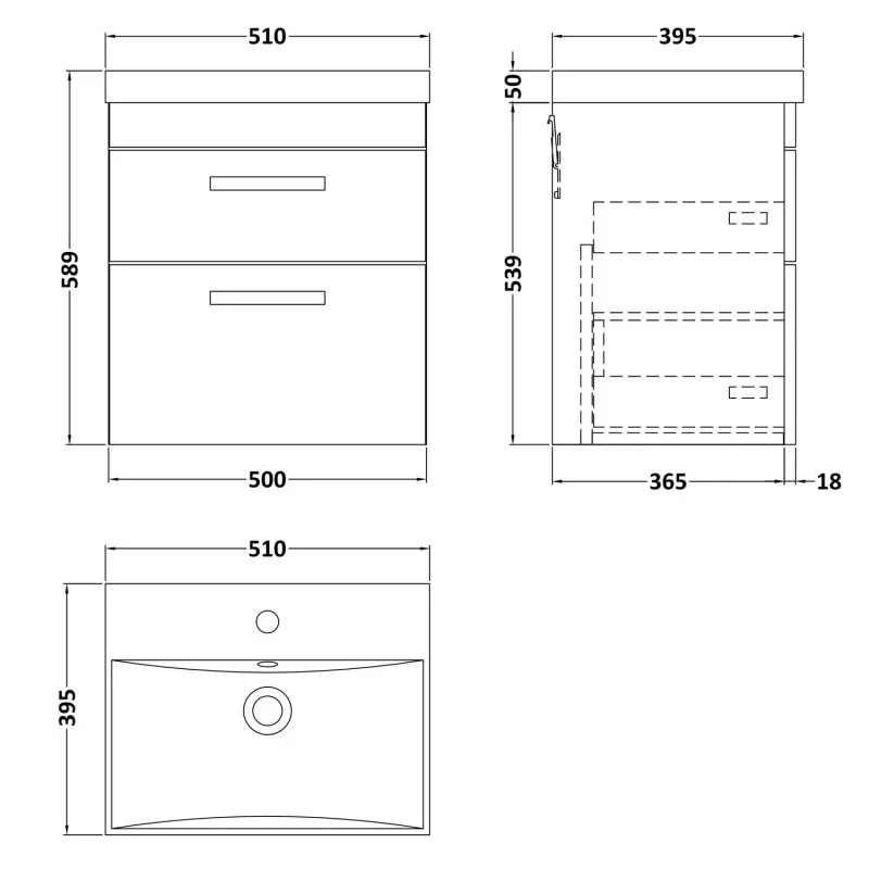 Cape 500mm Wall Hung 2 Drawer Vanity Unit & Thin Edge Basin - Gloss White