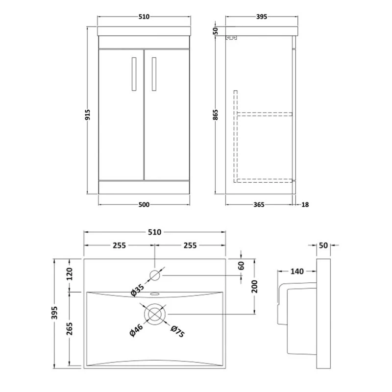 Cape 500mm Floor Standing 2 Door Vanity Unit & Thin Edge Basin - Charcoal Black