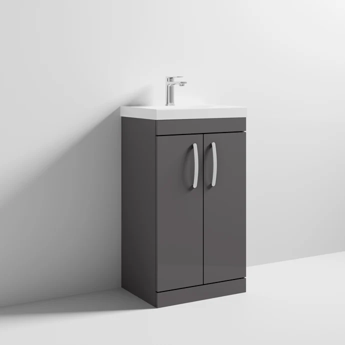 Cape 500mm Floor Standing 2 Door Vanity Unit & Thin Edge Basin - Gloss Grey