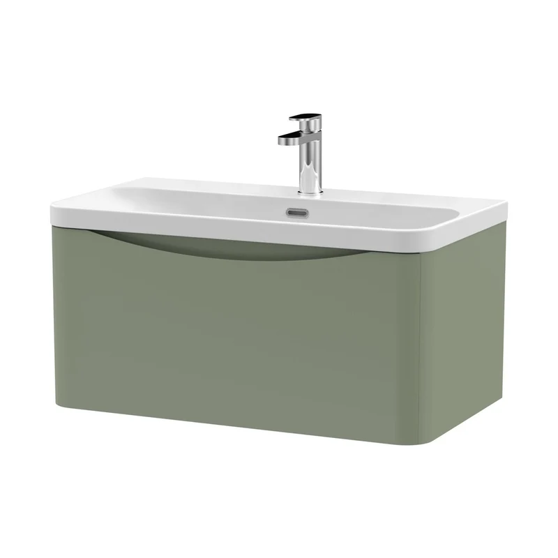 Nuie Lunar 800mm Wall Hung 1 Drawer Vanity & Thin Edge Ceramic Basin Contemporary Satin Green Ceramic,MFC Painted Matt
