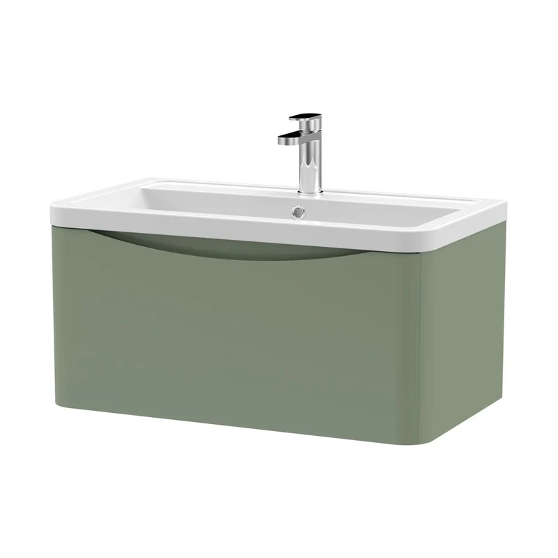 Nuie Lunar 800mm Wall Hung 1 Drawer Vanity & Ceramic Basin Contemporary Satin Green Ceramic,MFC Painted Matt 399x800x445mm