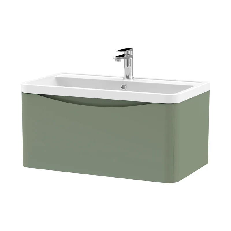 Nuie Lunar 800mm Wall Hung 1 Drawer Vanity & Polymarble Basin Contemporary Satin Green MFC Painted Matt,polymarble 399x800x445mm