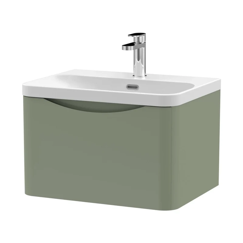 Nuie Lunar 600mm Wall Hung 1 Drawer Vanity & Thin Edge Ceramic Basin Contemporary Satin Green Ceramic,MFC Painted Matt