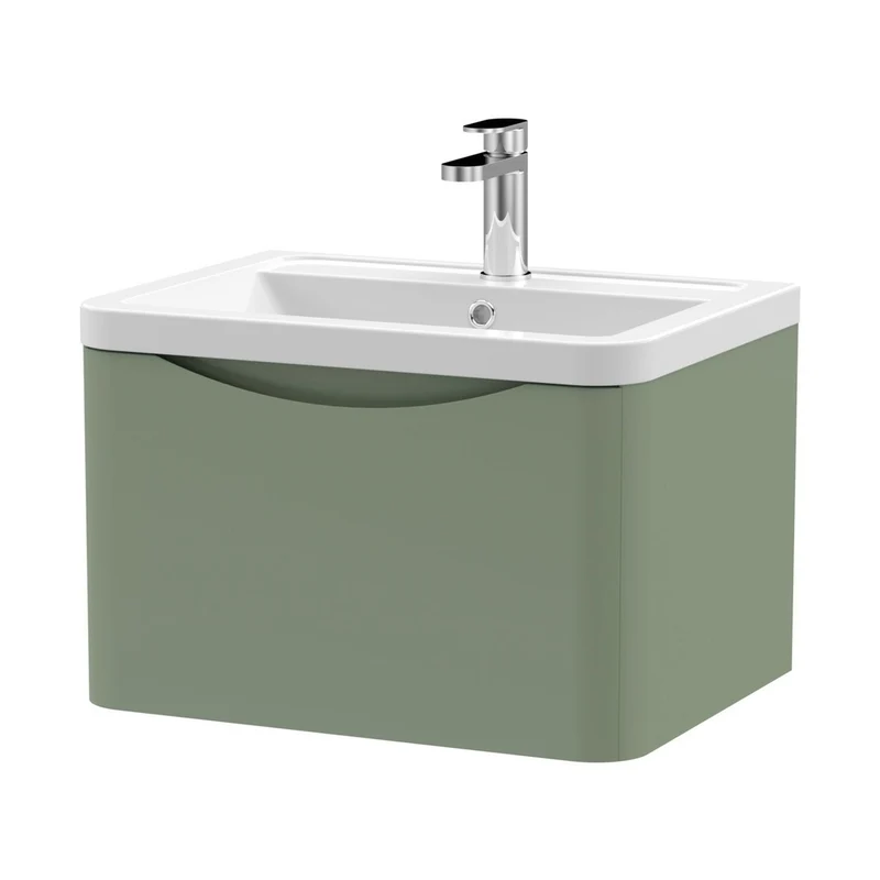 Nuie Lunar 600mm Wall Hung 1 Drawer Vanity & Ceramic Basin Contemporary Satin Green Ceramic,MFC Painted Matt 399x600x445mm