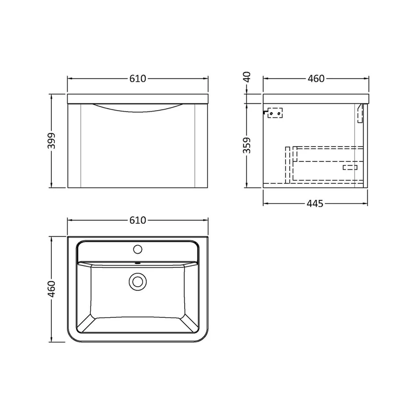 Nuie Lunar 600mm Wall Hung 1 Drawer Vanity & Ceramic Basin Contemporary Satin Green Ceramic,MFC Painted Matt 399x600x445mm