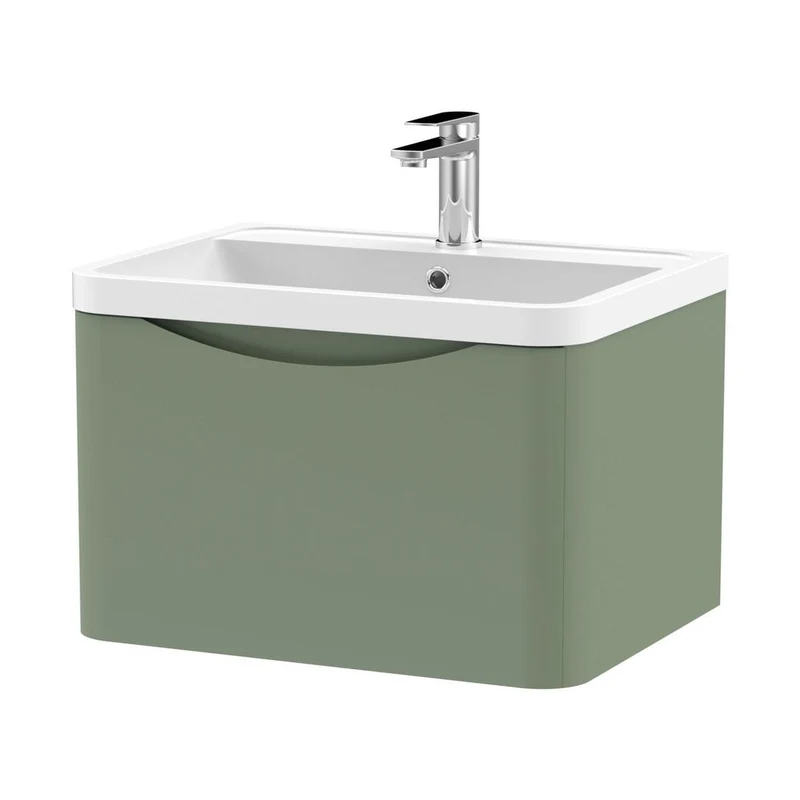 Nuie Lunar 600mm Wall Hung 1 Drawer Vanity & Polymarble Basin Contemporary Satin Green MFC Painted Matt,polymarble 399x600x445mm