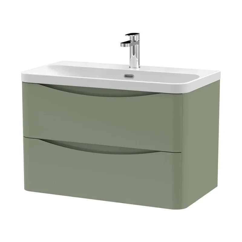 Nuie Lunar 800mm Wall Hung 2 Drawer Vanity & Thin Edge Ceramic Basin Contemporary Satin Green Ceramic,MFC Painted Matt