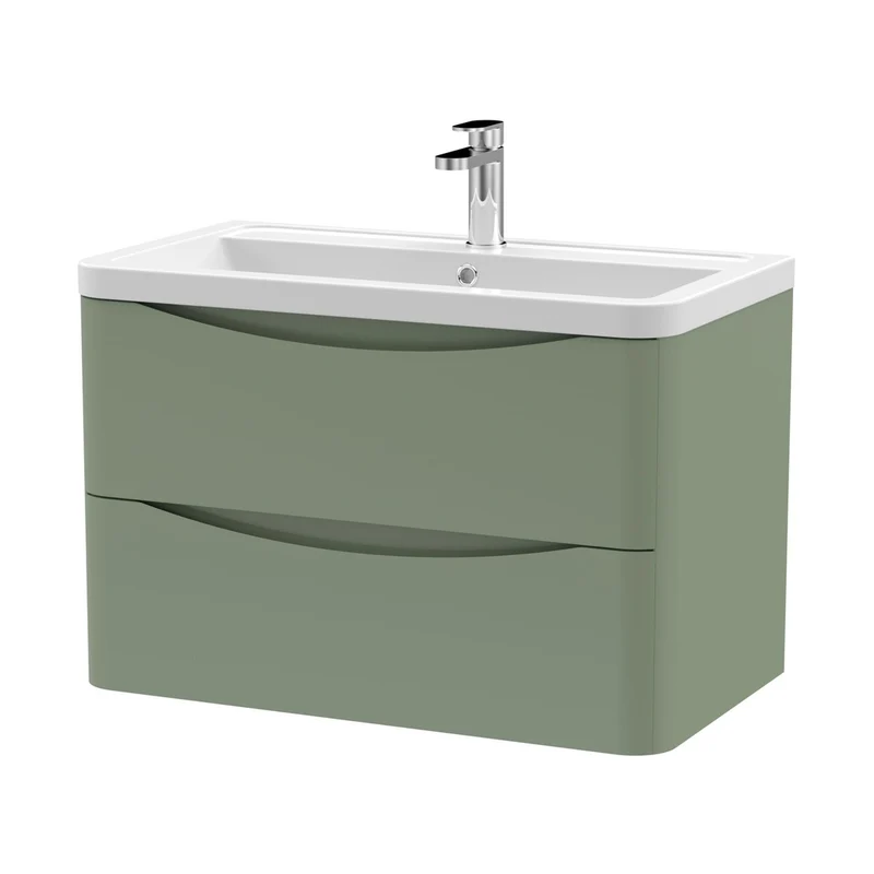 Nuie Lunar 800mm Wall Hung 2 Drawer Vanity & Ceramic Basin Contemporary Satin Green Ceramic,MFC Painted Matt 540x800x445mm