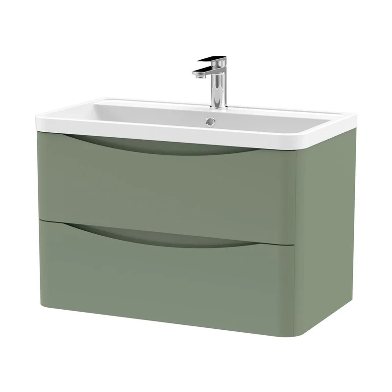 Nuie Lunar 800mm Wall Hung 2 Drawer Vanity & Polymarble Basin Contemporary Satin Green MFC Painted Matt,polymarble 540x800x445mm