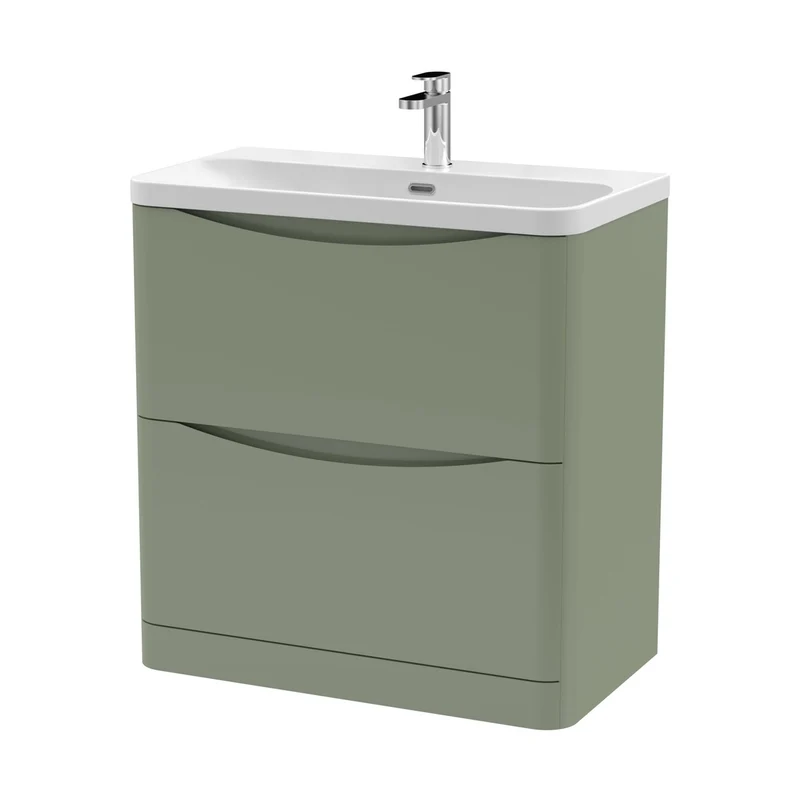 Nuie Lunar 800mm Floor Standing 2 Drawer Vanity & Thin Edge Ceramic Basin Contemporary Satin Green Ceramic,MFC Painted Matt