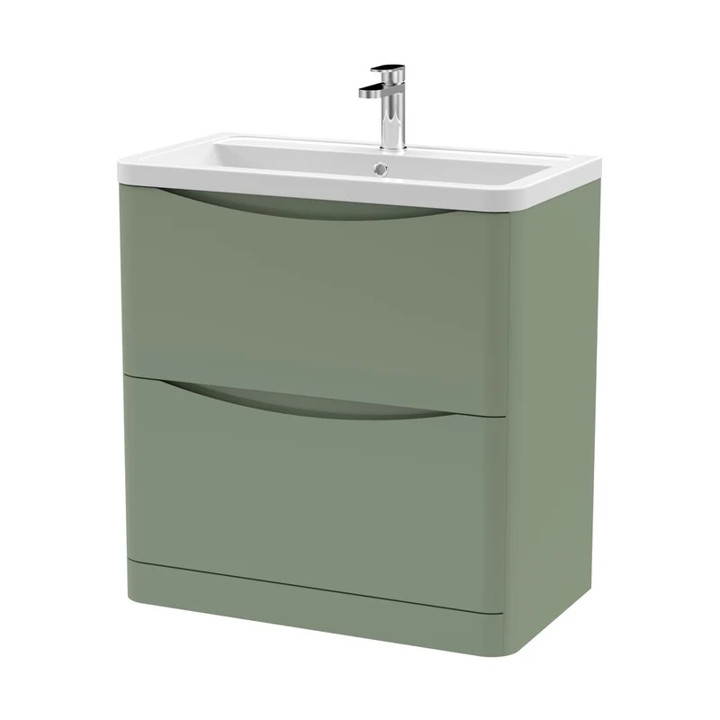 Nuie Lunar 800mm Floor Standing 2 Drawer Vanity & Ceramic Basin Contemporary Satin Green Ceramic,MFC Painted Matt 840x800x445mm