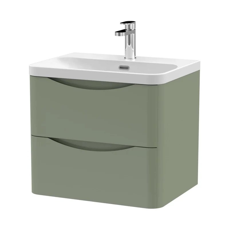 Nuie Lunar 600mm Wall Hung 2 Drawer Vanity & Thin Edge Ceramic Basin Contemporary Satin Green Ceramic,MFC Painted Matt