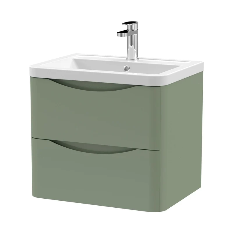 Nuie Lunar 600mm Wall Hung 2 Drawer Vanity & Ceramic Basin Contemporary Satin Green Ceramic,MFC Painted Matt 540x600x445mm