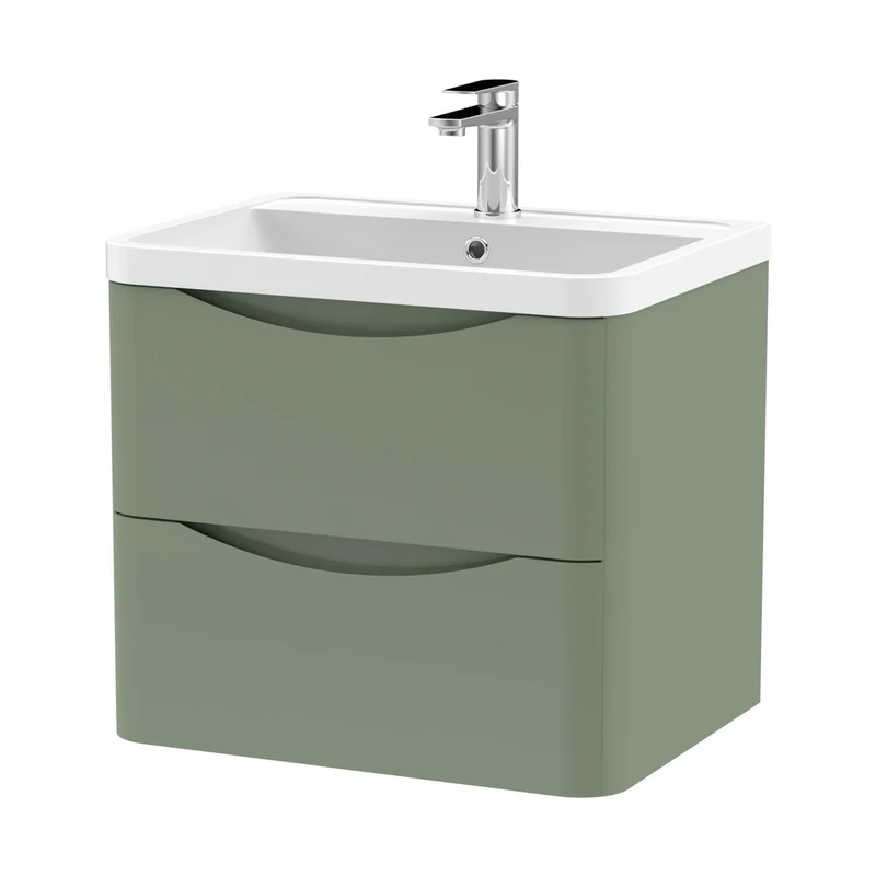 Nuie Lunar 600mm Wall Hung 2 Drawer Vanity & Polymarble Basin Contemporary Satin Green MFC Painted Matt,polymarble 540x600x445mm