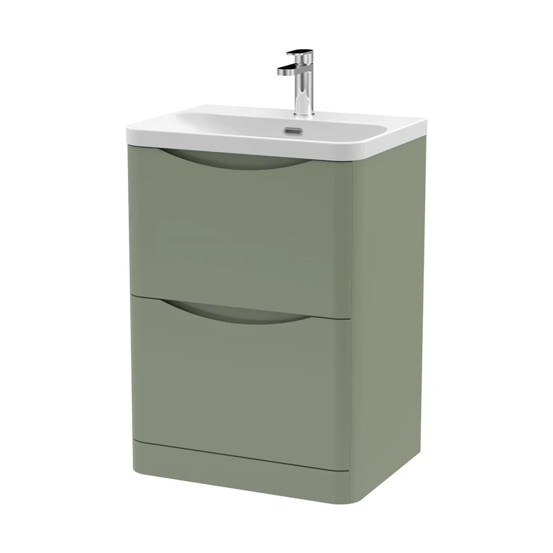 Nuie Lunar 600mm Floor Standing 2 Drawer Vanity & Thin Edge Ceramic Basin Contemporary Satin Green Ceramic,MFC Painted Matt
