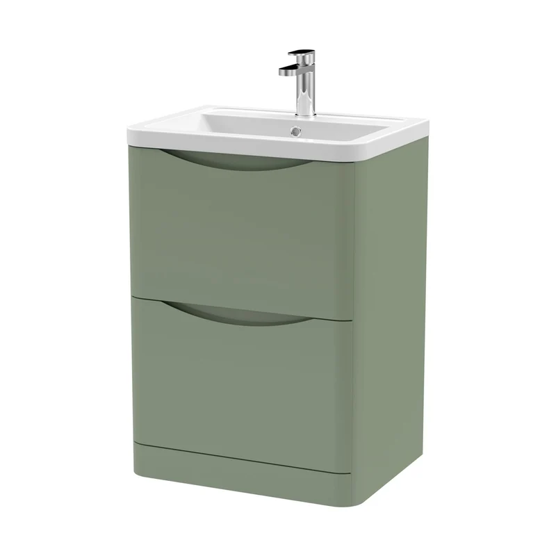 Nuie Lunar 600mm Floor Standing 2 Drawer Vanity & Ceramic Basin Contemporary Satin Green Ceramic,MFC Painted Matt 840x600x445mm