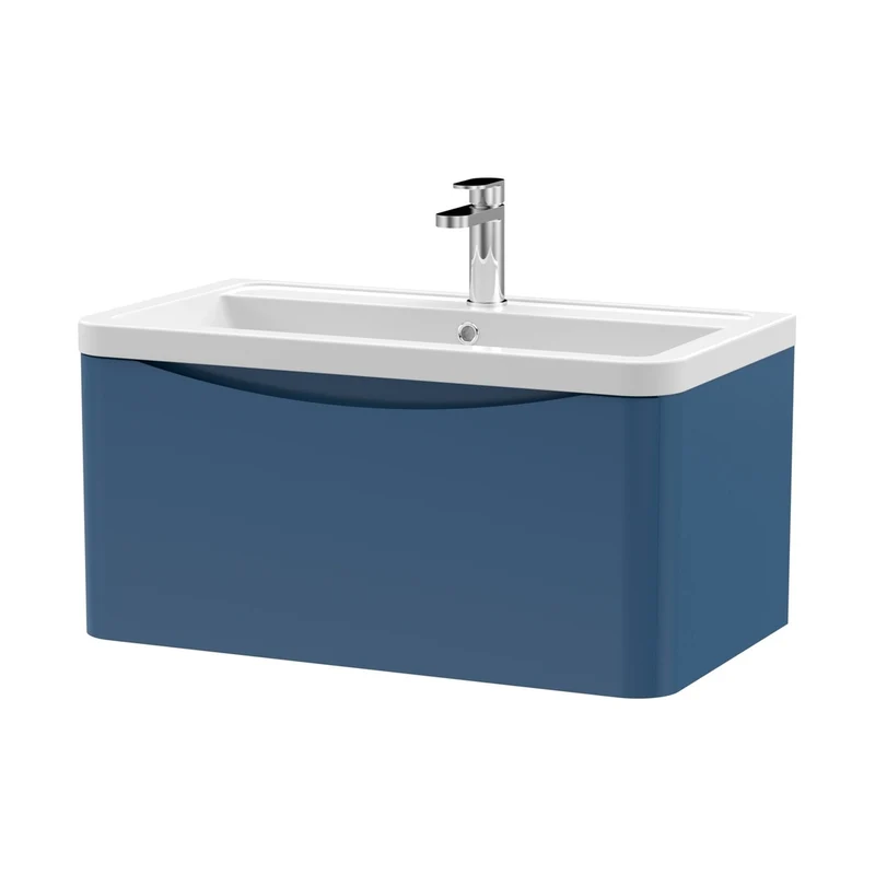 Nuie Lunar 800mm Wall Hung 1 Drawer Vanity & Ceramic Basin Contemporary Satin Blue Ceramic,MFC Painted Matt 399x800x445mm