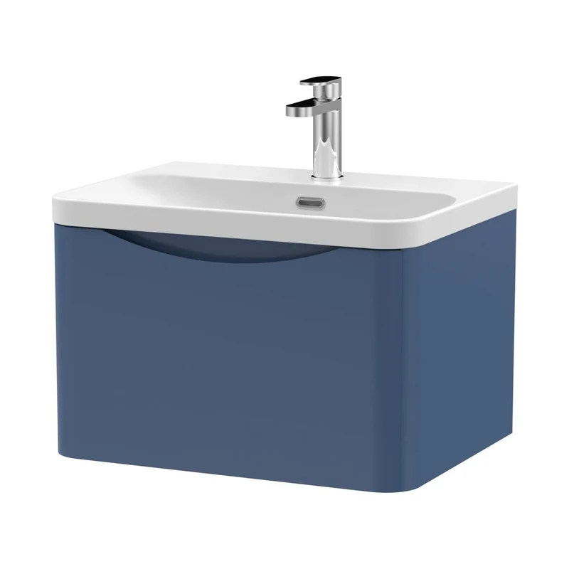 Nuie Lunar 600mm Wall Hung 1 Drawer Vanity & Thin Edge Ceramic Basin Contemporary Satin Blue Ceramic,MFC Painted Matt