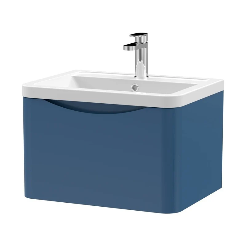 Nuie Lunar 600mm Wall Hung 1 Drawer Vanity & Ceramic Basin Contemporary Satin Blue Ceramic,MFC Painted Matt 399x600x445mm