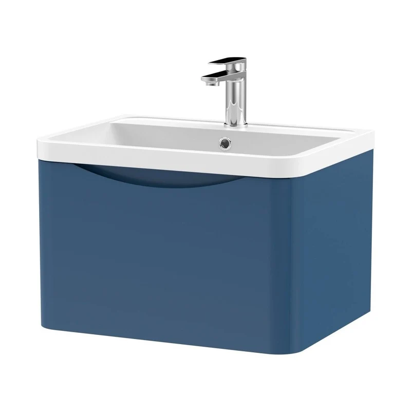 Nuie Lunar 600mm Wall Hung 1 Drawer Vanity & Polymarble Basin Contemporary Satin Blue MFC Painted Matt,polymarble 399x600x445mm