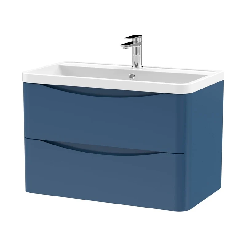 Nuie Lunar 800mm Wall Hung 2 Drawer Vanity & Polymarble Basin Contemporary Satin Blue MFC Painted Matt,polymarble 540x800x445mm